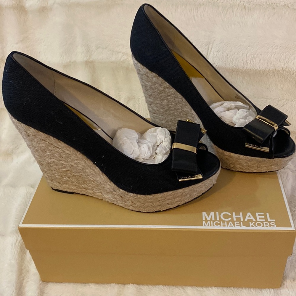 Black Michael Kors canvas wedge with gold hardware